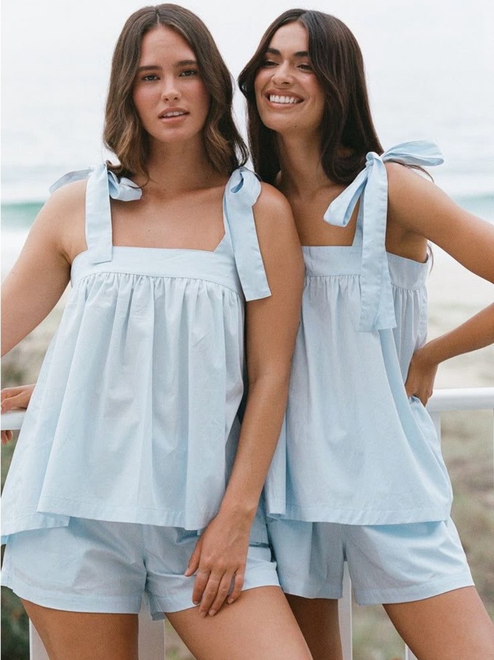 Light Blue Tie-Shoulder Cotton Sleep Set